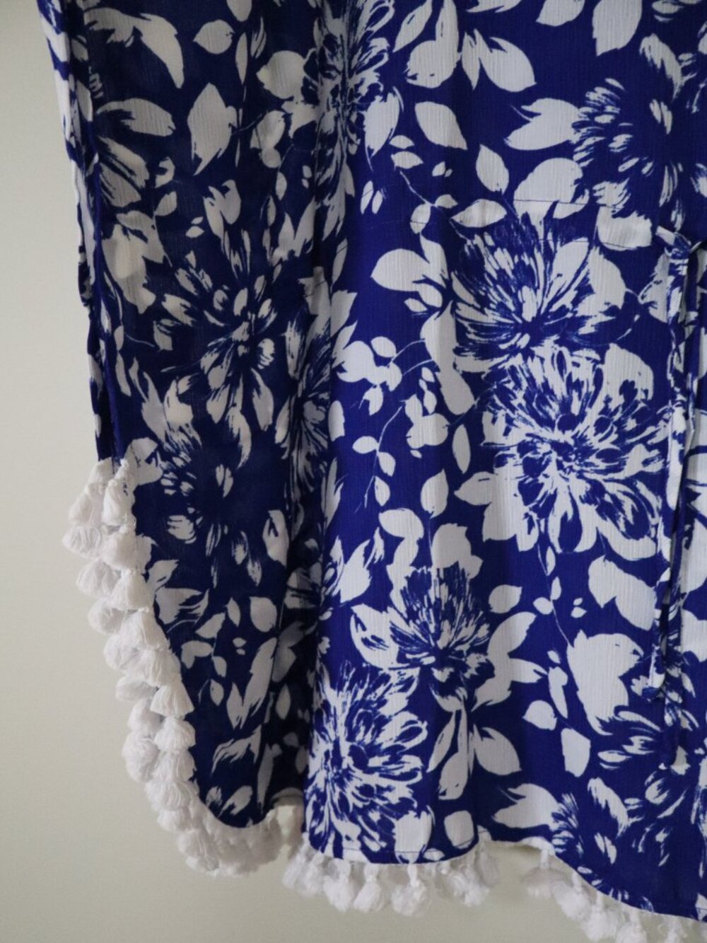Blue and White Floral Swimsuit Cover Up with Tassels - Picture 4 of 6